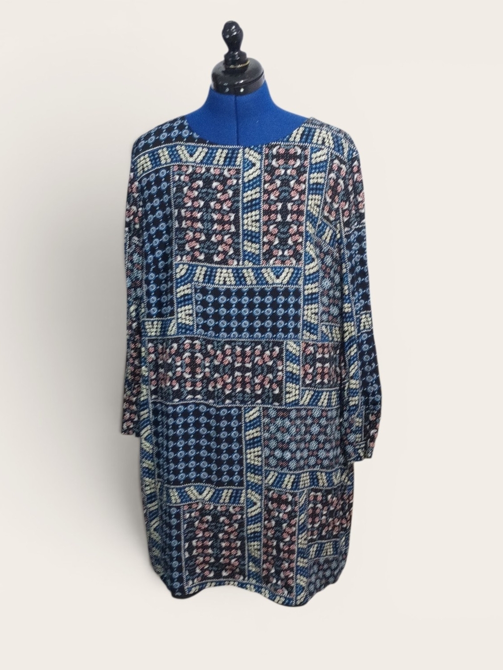 LOFT Navy Patchwork Print Long Sleeve Dress